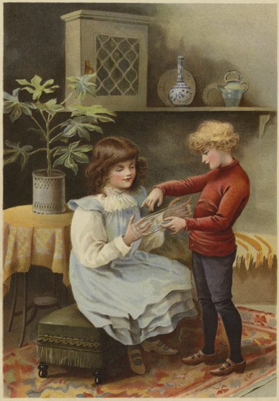 A young girl sits while a young boy winds a cat